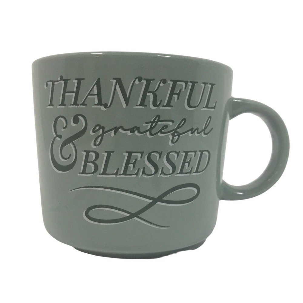 Holiday Home Thankful Grateful Blessed Sage Green Stoneware Coffee Mug 16oz